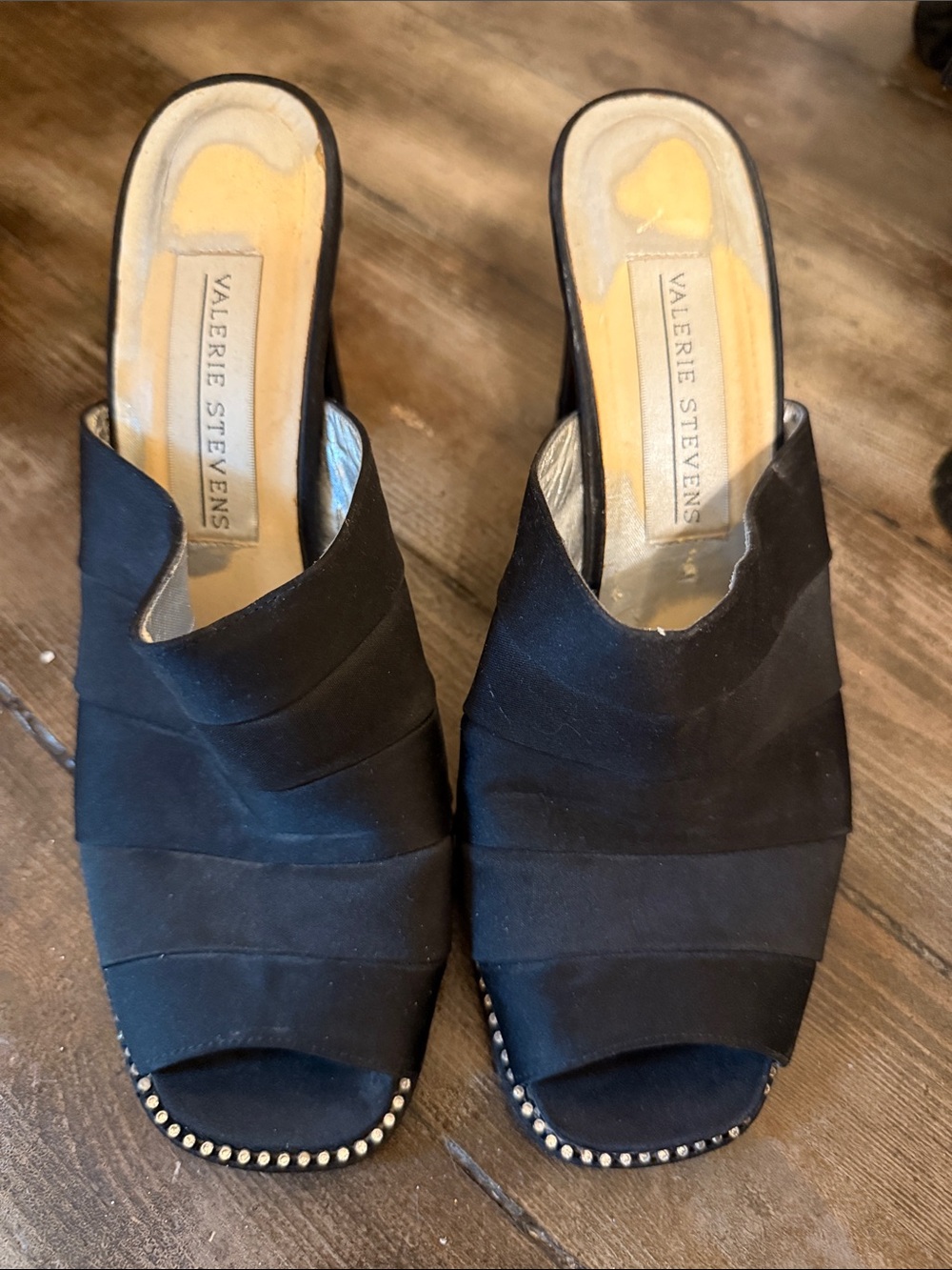 Valerie Stevens Black Peep-Toe Mules with Stud Accents